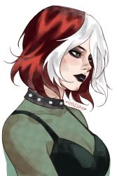  1girl absurdres artist_name black_bra black_eyeshadow black_lips bra bra_visible_through_clothes breasts brown_hair cheekbones colored_bangs commentary english_commentary eyeshadow from_side goth_fashion green_eyes green_shirt highres makeup marvel multicolored_hair nyxespa rogue_(x-men) see-through_clothes see-through_shirt shirt short_hair signature simple_background solo studded_choker two-tone_hair underwear upper_body white_background white_hair x-men x-men_evolution 