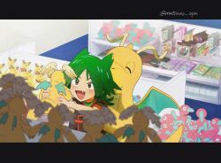 1boy :d ampharos black_jacket blurry blush brown_eyes character_doll commentary_request depth_of_field doll dragonite fang green_hair green_shirt happy holding holding_doll jacket letterboxed long_hair male_focus matsuno_opa mega_dragonite open_mouth pokemon pokemon_(anime) pokemon_(creature) pokemon_horizons porygon porygon2 shirt smile twitter_username ult_(pokemon) 