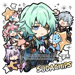  2boys 2girls anaxa_(honkai:_star_rail) aqua_hair arm_up ascot beret black_corset black_jacket castorice_(honkai:_star_rail) chain chibi chibi_only closed_eyes commentary_request corset eyepatch gem grey_hair hair_intakes hat honkai:_star_rail honkai_(series) hyacine_(honkai:_star_rail) jacket lapels long_hair looking_at_viewer multiple_boys multiple_girls notched_lapels one_eye_covered open_hand open_mouth parted_lips phainon_(honkai:_star_rail) pink_hair red_gem red_hat short_hair smile sparkle star_(symbol) sudachips violet_eyes watermark white_ascot white_background 