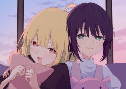  2girls ahoge black_hair blush cho_kaguya-hime! clouds commentary evening green_eyes hand_on_another's_arm hugging_object in_pepa1231 kaguya_(cho_kaguya-hime!) long_hair mole mole_under_eye multiple_girls open_mouth pillow pillow_hug sakayori_iroha short_sleeves smile untranslatable_commentary upper_body window yuri 