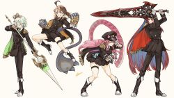  4girls :3 absurdres ahoge alternate_costume animal_ears arms_up black_boots black_jacket black_shorts black_skirt blue_hair boots brown_hair buttons cape cecilia_immergreen chattino_(raora_panthera) clenched_hands clenched_teeth colored_inner_hair commentary doll_joints double-breasted elizabeth_rose_bloodflame epaulettes finger_claws full_body gigi_murin gloves green_cape green_eyes green_hair grin hat highres holding holding_polearm holding_sword holding_weapon holojustice hololive hololive_english huge_ahoge jacket joints long_hair long_sleeves looking_at_viewer multicolored_hair multiple_girls panther_ears panther_girl panther_tail peaked_cap pink_eyes pink_hair pleated_skirt polearm raora_panthera red_eyes red_hair short_hair shorts shozoku simple_background skirt smile standing streaked_hair sword tail teeth thigh_strap thighs thorn_(elizabeth_rose_bloodflame) twintails two-handed_sword two-tone_hair v-shaped_eyebrows virtual_youtuber weapon white_background white_gloves white_hair white_streaks winding_key yellow_eyes 