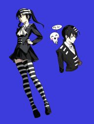  1boy 1girl ascot black_hair black_shirt black_skirt black_suit black_thighhighs blue_background blush_stickers collared_shirt commentary cropped_torso death_the_kid dual_persona english_text frown full_body genderswap genderswap_(mtf) hair_between_eyes hair_ornament hand_on_own_hip highres long_hair long_sleeves looking_at_viewer mask misky07 pleated_skirt ringed_eyes shinigami-sama shirt short_hair sidelocks simple_background skirt skull_brooch skull_hair_ornament skull_mask skull_ornament skull_ring soul_eater speech_bubble striped_clothes striped_hair striped_thighhighs suit thigh-highs twintails white_hair white_thighhighs yellow_eyes zettai_ryouiki 