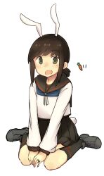  1girl :d absurdres animal_ears black_hair black_sailor_collar black_skirt black_socks blush commentary_request fubuki_(kancolle) fubuki_kai_ni_(kancolle) full_body green_eyes highres jewelry kantai_collection kneehighs long_sleeves ma_rukan open_mouth pleated_skirt ponytail rabbit_ears rabbit_tail ring sailor_collar school_uniform serafuku short_hair short_ponytail simple_background sitting skirt smile socks solo tail wariza wedding_ring white_background 