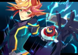  1boy akisaki alternate_form black_bodysuit blue_background bodysuit colored_bangs cowboy_shot duel_disk facing_to_the_side fujiki_yusaku gradient_background green_bodysuit green_eyes letterboxed lightning looking_to_the_side male_focus motion_blur multicolored_bodysuit open_hand open_mouth outstretched_arm playmaker_(yu-gi-oh!) red_hair sparks spiky_hair two-tone_bodysuit yu-gi-oh! yu-gi-oh!_vrains 