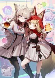  2girls absurdres ahoge animal_ear_fluff animal_ears arknights arknights:_endfield bare_shoulders belt black_boots black_gloves black_pantyhose blonde_hair blue_eyes boots cape dress fingerless_gloves food gloves grey_hair highres holding holding_hands holding_plate hood hood_up hooded_cape interlocked_fingers jacket long_hair long_sleeves looking_at_viewer making-of_available multiple_girls off_shoulder open_mouth pancake pancake_stack pantyhose parted_lips perlica_(arknights) plate puffy_long_sleeves puffy_sleeves red_cape rossi_(arknights) sanzuitaroh speech_bubble spoken_object spoken_sweatdrop sweatdrop tail thigh_belt thigh_strap white_dress white_jacket wolf_ears wolf_girl wolf_tail yellow_eyes 