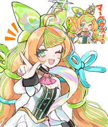  ahoge bare_shoulders blush chibi commentary_request dress eyelashes green_eyes green_hair green_ribbon hair_ribbon highres hotouyu monster_strike multicolored_hair multiple_girls muse_(monster_strike) one_eye_closed open_mouth orange_hair ribbon smile streaked_hair twintails white_background 