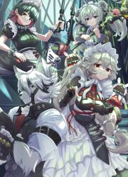  1boy 1girl alexandrina_sebastiane anastella_(zenless_zone_zero) animal_bag animal_ears apron bangboo_(zenless_zone_zero) bear_bag black_dress black_gloves black_hair circular_saw colored_inner_hair commentary_request corin_wickes dress drusilla_(zenless_zone_zero) ellen_joe fingerless_gloves fins fish_tail furry furry_male gloves green_hair grey_hair hair_between_eyes hair_ornament hairband highres holding holding_saw holding_weapon long_hair looking_at_viewer maid maid_apron maid_headdress metal_hairband mole mole_under_eye multicolored_hair multiple_weapons partially_fingerless_gloves puffy_sleeves red_eyes red_hair saw screw_hair_ornament shark_girl shark_tail shirt short_hair short_sleeves smile spiked_headband sugunejineji tail twintails two-tone_hair very_long_hair violet_eyes von_lycaon weapon white_apron white_fur white_hair wolf_boy wolf_ears wolf_tail zenless_zone_zero 