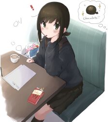  ! 1girl 2022 arm_support black_hair black_skirt black_socks blue_sweater blush_stickers box box_of_chocolates candy chocolate closed_mouth commentary_request couch cup dated eating english_text eyes_visible_through_hair food food_in_mouth fubuki_(kancolle) green_eyes head_on_hand heart heart-shaped_chocolate heart-shaped_food highres hot_chocolate kantai_collection kneehighs long_sleeves looking_at_viewer ma_rukan mug paper pen pleated_skirt pocky pocky_in_mouth sailor_collar short_hair sidelocks simple_background sitting skirt socks solo speech_bubble star_(symbol) sweater sweets table valentine white_background 