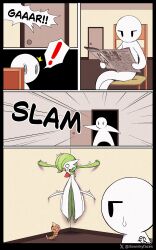  ! 1boy 1girl 1other absurdres artist_name black_eyes bob_cut bug chair colored_skin commentary door dress emphasis_lines english_commentary faceless faceless_male gardevoir green_hair hair_over_one_eye highres holding holding_newspaper horns multicolored_skin newspaper on_chair pokemon pokemon_(creature) signature single_horn sitting sweatdrop trembling two-tone_skin weedle white_dress white_skin winkyfaces 