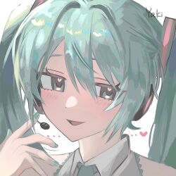  1girl aqua_hair aqua_nails aqua_necktie artist_name commentary hair_between_eyes hatsune_miku headset heart heart-shaped_pupils highres long_hair necktie parted_lips shirt simple_background sleeveless sleeveless_shirt solo symbol-shaped_pupils twintails untranslatable_commentary vocaloid white_background yakim1ku 
