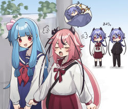  1girl 3others :d :o artist_name black_horns black_streaks blue_dress blue_hair blue_sailor_collar blunt_bangs blush closed_eyes closed_mouth commentary_request corn_kuten cowboy_shot day double-parted_bangs dress hair_between_eyes hair_intakes horns long_hair long_sleeves low_twintails meika_hime meika_mikoto multicolored_hair multiple_others open_mouth outdoors pinafore_dress pink_hair pleated_skirt puff_of_air purple_hair red_sailor_collar red_skirt sailor_collar school_uniform serafuku shirt sidelocks skirt sleeveless sleeveless_dress smile streaked_hair sweatdrop translation_request twintails twitter_username vocaloid voiceroid white_shirt 