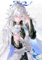  1boy absurdres anyiyang570161 black_choker black_shirt blue_ribbon choker coat commentary cup drinking drinking_straw hair_over_one_eye hair_ribbon high_ponytail highres holding holding_cup honkai:_star_rail honkai_(series) jacket jacket_on_shoulders jing_yuan jing_yuan_(chapanda) long_hair long_sleeves male_focus mole mole_under_eye official_alternate_costume ponytail ribbon shirt solo tassel untranslatable_commentary vest white_hair white_jacket white_vest yellow_eyes 