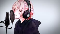  1girl absurdres ahoge akg_k-series_headphones black_hoodie blush fol_1224 grey_background hair_ornament hairclip hanayori_jyoshiryou headphones highres hood hoodie indie_utaite kano_(hanayori_jyoshiryou) music open_mouth pink_eyes pink_hair recording_studio red_ribbon ribbon short_hair simple_background singing smile solo upper_body x_hair_ornament 