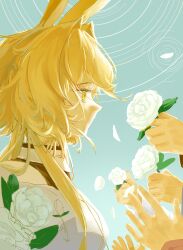  1girl absurdres animal_ears arknights blonde_hair blue_background chinese_commentary commentary_request dorothy_(arknights) dress expressionless fishbud flower from_side gardenia_(flower) highres holding holding_flower mouse_ears mouse_girl people profile rose simple_background solo_focus upper_body white_dress white_flower white_rose yellow_eyes 