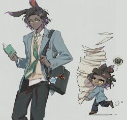  1boy animal_ears bag bag_charm black_bag black_hair black_pants blue_jacket book breast_pocket brown_cardigan brown_shoes buttons cardigan charm_(object) chibi chibi_inset closed_mouth collared_shirt commentary crow0cc curly_hair curtained_hair dark-skinned_male dark_skin emblem erenville final_fantasy final_fantasy_xiv flying_paper furrowed_brow green_necktie grey_background hair_ornament highres holding holding_book holding_paper holding_strap jacket jitome lapels long_sleeves looking_at_viewer male_focus multicolored_hair necktie notched_lapels open_clothes open_jacket pants paper paper_stack parted_bangs pocket purple_streaks rabbit_boy rabbit_ears running satchel school_uniform shirt shoes short_hair simple_background solo spoken_squiggle squiggle streaked_hair two-tone_hair untranslatable_commentary very_dark_skin viera white_shirt x_hair_ornament yellow_eyes 