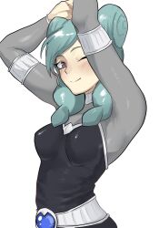  1girl ;) alien_alienen aqua_hair arms_up belt beta_(inazuma_eleven) black_vest bodysuit breasts commentary double_bun grey_bodysuit hair_bun highres inazuma_eleven_(series) inazuma_eleven_go inazuma_eleven_go_chrono_stone long_sleeves looking_at_viewer medium_breasts medium_hair no_pupils one_eye_closed pants smile solo vest violet_eyes white_background white_belt 