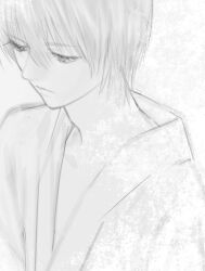  1boy closed_mouth commentary fatal_frame fatal_frame_ii:_crimson_butterfly grey_background greyscale hair_between_eyes half-closed_eyes highres japanese_clothes kimono long_bangs looking_ahead looking_down male_focus monochrome short_hair solo tachibana_itsuki two-tone_background upper_body white_background yu_(cztd3454) 