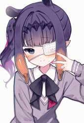  1girl @_@ absurdres alternate_hair_length_(shorter) black_bow black_bowtie black_eyes black_hair blunt_bangs blush bow bowtie chuunibyou closed_mouth collared_shirt colored_inner_hair commentary dress_shirt eyepatch flat_chest gradient_hair grey_sweater highres hololive hololive_english inward_v looking_at_viewer medical_eyepatch medium_hair meiwowowo mole mole_under_eye multicolored_hair nail_polish ninomae_ina'nis ninomae_ina'nis_(school_uniform) official_alternate_costume official_alternate_hairstyle orange_hair pink_hair pink_nails pointy_ears raised_inner_eyebrows school_uniform shirt side_ponytail sidelocks simple_background smile solo sweater tentacle_hair untranslatable_commentary upper_body v v-neck virtual_youtuber white_background white_shirt 
