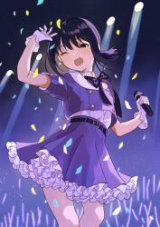  1girl alternate_costume blue_jacket blue_skirt brown_eyes commentary_request feet_out_of_frame frilled_skirt frills fubuki_(kancolle) gloves idol idol_clothes jacket kantai_collection low_ponytail medium_hair microphone mitsuyo_(mituyo324) one_eye_closed ponytail purple_hair shirt sidelocks skirt solo standing white_gloves white_shirt 