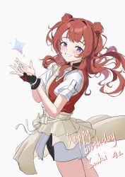  1girl absurdres black_gloves black_shorts blue_eyes blush brown_hair can142857 character_name commentary dated earrings fingerless_gloves gakuen_idolmaster gloves hajime_(idolmaster) hanami_saki happy_birthday highres idolmaster jewelry long_hair looking_at_viewer shirt shorts simple_background single_glove smile solo triangle_earrings two-tone_sweater_vest white_background white_shirt 