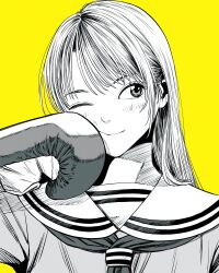  1girl boxing_gloves commentary_request eyebrows_hidden_by_hair greyscale_with_colored_background hair_behind_ear hatching_(texture) highres lee_(dragon_garou) linear_hatching long_hair neckerchief one_eye_closed original portrait sailor_collar school_uniform serafuku sideways_glance smile solo yellow_background 