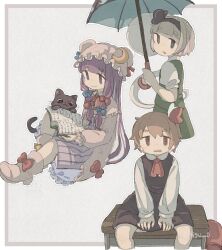  3girls ascot black_cat black_hairband black_skirt black_vest blonde_hair book cat chigu closed_mouth collared_shirt commentary_request crescent crescent_hat_ornament dress green_skirt green_vest grey_hair hair_ribbon hairband hat hat_ornament highres hitodama holding holding_book konpaku_youmu konpaku_youmu_(ghost) mob_cap multiple_girls open_book outside_border patchouli_knowledge purple_hair reading red_ascot red_eyes red_ribbon ribbon rumia shirt sitting skirt skirt_set smile striped_clothes striped_dress touhou twitter_username vertical-striped_clothes vertical-striped_dress vest violet_eyes white_shirt 