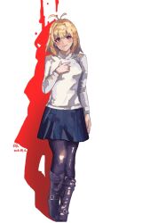  1girl antenna_hair arcueid_brunestud arm_at_side black_pantyhose blonde_hair blush boots brown_boots buckle_boot facing_viewer hair_between_eyes hand_on_own_chest looking_at_viewer pantyhose plaid_clothes plaid_skirt red_eyes short_hair skirt smile solo standing sweater tsukihime tsukihime_(remake) turtleneck turtleneck_sweater white_background white_sweater 