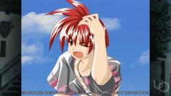  1boy 2000s_(style) anime_coloring atelier-moo belt collarbone fangs game_cg grey_shirt hair_between_eyes hand_on_own_head large_variant_set non-web_source official_art one_eye_closed open_mouth pete_ross red_eyes red_hair shirt short_hair short_sleeves solo spiky_hair standing t-shirt upper_body v-shaped_eyebrows variant_set yuukyuu_gensoukyoku 