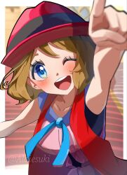  1girl albiesuki blue_eyes blush brown_hair collarbone commentary_request hat highres one_eye_closed open_mouth pink_shirt pointing pokemon pokemon_(anime) pokemon_x_and_y red_vest serena_(pokemon) shirt short_hair solo teeth twitter_username upper_body upper_teeth_only vest 