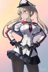  1girl anchor artist_name black_gloves black_pantyhose blonde_hair blue_eyes blush breasts capelet celtic_knot commentary_request cowboy_shot cross dated gloves gradient_background graf_zeppelin_(kancolle) grey_background hair_between_eyes hands_on_own_hips hat highres iron_cross izumi_kuma kantai_collection knot_print large_breasts long_hair long_sleeves looking_at_viewer military military_hat military_uniform pantyhose peaked_cap sidelocks solo twintails twitter_username 