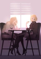  chair chameleon_(path_to_nowhere) closed_eyes coffee_mug commentary_request cup full_body gun highres holding holding_cup holding_gun holding_weapon korean_commentary langley_(path_to_nowhere) looking_at_another mbcc_bori mug path_to_nowhere sitting smile table weapon 