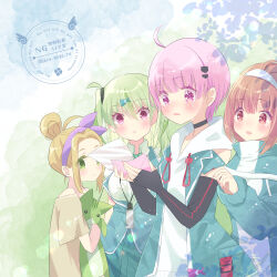 4girls absurdres ahoge blush brown_hair choker green_eyes green_hair hair_bun hair_tie hairband haru_meguru heaven_burns_red highres letter multiple_girls ooshima_isuzu ooshima_minori ooshima_muua ooshima_yotsuha open_mouth pink_eyes pink_hair reading red_eyes short_hair siblings side_ahoge sisters tears 