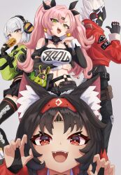  1boy anby_demara animal_ear_fluff animal_ears barcode barcode_tattoo belt billy_kid black_gloves black_hair black_ribbon black_skirt black_thighhighs blush burger cat_ears cat_girl claw_pose commentary_request crop_top dark-skinned_female dark_skin eating facial_mark food food_in_mouth forehead_mark forehead_tattoo gloves green_eyes grey_background grey_hair hair_ornament hair_ribbon hairclip headphones highres holding holding_burger holding_food humanoid_robot jacket long_hair looking_at_viewer multiple_girls navel nekomiya_mana nicole_demara open_mouth orange_eyes pants pink_hair pointing pointing_at_self red_eyes red_jacket ribbon robot short_hair shorts simple_background skirt smile sugunejineji tattoo thigh-highs triangle triangle_facial_mark two_side_up white_hair yellow_eyes zenless_zone_zero 