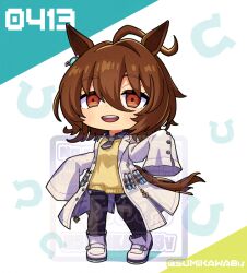  1girl agnes_tachyon_(tach-nology)_(umamusume) agnes_tachyon_(umamusume) ahoge animal_ears black_necktie black_pantyhose blush boots brown_hair chemical_structure chibi coat commentary cork earrings full_body hair_between_eyes horse_ears horse_girl horse_tail jewelry lab_coat long_sleeves medium_hair necktie open_mouth pantyhose red_eyes shirt short_necktie single_earring sleeves_past_fingers sleeves_past_wrists smile solo standing sumikawa_(sumikawa8v) sweater sweater_vest tail teeth test_tube umamusume untranslatable_commentary upper_teeth_only white_boots white_coat wolf_cut yellow_sweater yellow_sweater_vest 