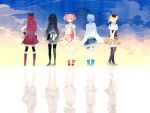  4girls akemi_homura beret black_hair blonde_hair blue_hair boots cloud clouds condensation_trail contrail different_reflection drill_hair from_behind gloves hair_ornament hair_ribbon hand_on_hip hat highres hips kaname_madoka long_hair magical_girl mahou_shoujo_madoka_magica mig_(36th_underground) miki_sayaka multiple_girls pantyhose pink_eyes pink_hair puffy_sleeves red_hair redhead reflection ribbon sakura_kyouko school_uniform short_hair short_twintails skirt sky standing thigh-highs thigh_boots thighhighs tomoe_mami twin_drills twintails 