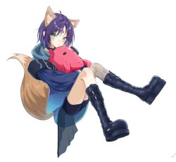  1girl animal_ears black_boots black_hair blue_hair blue_hoodie blush boots cho_kaguya-hime! commentary fishnet_thighhighs fishnets forehead_jewel fox_ears fox_tail full_body green_eyes hood hoodie long_sleeves looking_at_viewer multicolored_hair npoyonpoyon sakayori_iroha short_hair single_fishnet_legwear solo stuffed_animal stuffed_toy tail thigh-highs two-tone_hair umbrella_octopus white_background 