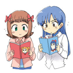  2girls amami_haruka blue_hair book bow brown_eyes brown_hair collared_jacket collared_shirt commentary_request cropped_torso flying_sweatdrops green_eyes hair_bow holding holding_book idolmaster idolmaster_(classic) idolmaster_1 imai_asami jacket kisaragi_chihaya long_hair long_sleeves multiple_girls multiple_hair_bows nakamura_eriko pink_jacket pipimi poptepipic popuko reading red_bow script shirt short_hair sidelocks simple_background smile tsubobot upper_body voice_actor_connection white_background white_shirt 