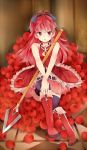  apple bad_id boots bow food fruit gyoe hair_bow knee_boots long_hair mahou_shoujo_madoka_magica polearm red_eyes red_hair redhead sakura_kyouko solo spear thigh-highs thighhighs weapon 