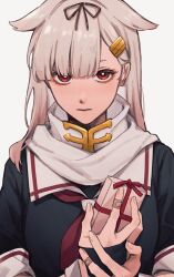  1girl absurdres bandaid bandaid_on_hand blonde_hair blush box box_of_chocolates flirting hair_flaps hair_ornament hair_over_one_eye hair_ribbon hairclip highres holding holding_box kantai_collection long_hair looking_at_viewer messy_hair multicolored_hair necktie red_eyes ribbon sailor_collar sailor_shirt scarf school_uniform serafuku shirt solo_focus sumoffu two-tone_hair upper_body yuudachi_(kancolle) yuudachi_kai_ni_(kancolle) 