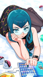  1girl blue_eyes blue_hair blue_nails blue_necktie commentary dress evolution_stone eyelashes fire_stone glasses highres legs_together long_eyelashes looking_at_another lying mable_(pokemon) melochron necktie no_shoes on_floor on_stomach pantyhose poke_ball pokedex pokemon pokemon_legends:_z-a print_dress sleeveless sleeveless_dress tablet_pc twisted_torso watch watch 