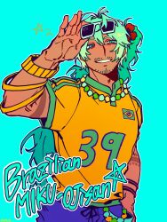  1boy arm_tattoo armlet blue-framed_eyewear blue_background blue_eyes blue_hair blue_pants brazilian_flag brazilian_flag_print brazilian_miku dark-skinned_male dark_skin english_text facial_hair flag_print genderswap genderswap_(ftm) goatee_stubble hand_in_pocket hand_up hatsune_miku highres holding holding_removed_eyewear jewelry kimtooth long_hair male_focus mature_male miku-oji mustache_stubble necklace pants ponytail shirt simple_background smile solo star_(symbol) stubble sunglasses tattoo unworn_eyewear vocaloid yellow_shirt 