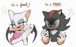  1boy 1girl animal_ears bat_ears bat_girl bat_wings black_wings blue_eyeshadow commentary english_text eyeshadow furry furry_female furry_male gloves green_eyes heart hedgehog_boy makeup own_hands_together red_eyes rouge_the_bat shadow_the_hedgehog smile sonic_(series) tongue tongue_out ureuizy white_gloves wings 