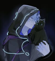  1boy animal_on_shoulder animalization black_jacket blue_background blue_eyes cat cat_boy cat_on_shoulder closed_mouth curly_hair dual_persona elio_(honkai:_star_rail) english_commentary from_side glowing grey_hair highres honkai:_star_rail honkai_(series) hood hood_up jacket long_sleeves looking_at_viewer looking_to_the_side neon_lights nmyk1506 person_and_animalization solo symbol-shaped_pupils 