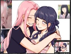  2girls alternate_costume alternate_hairstyle anime_screenshot black_shirt blunt_bangs blush clenched_teeth closed_eyes closed_mouth collarbone couple english_commentary happy haruno_sakura heads_together hug hyuuga_hinata light_blush long_hair looking_to_the_side multiple_girls naruto_(series) naruto_shippuuden no_pupils one_eye_closed orotsukashii parted_bangs pink_hair purple_hair real_life_insert screenshot shirt sketch smile teeth unfinished upper_body violet_eyes yuri 