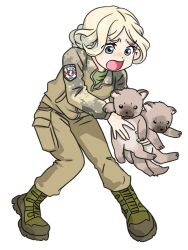  1girl animal animal_request belarus belarusian_flag blonde_hair blue_eyes boots brown_pants camouflage camouflage_jacket cargo_pants chibi emilia_plyaterska holding holding_animal jacket japanon kastus_kalinouski_regiment military military_uniform non-web_source open_mouth original pants russo-ukrainian_war soldier solo surprised tongue 