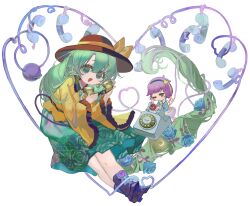  2girls :d absurdly_long_hair alternate_hair_length_(longer) antique_phone black_boots black_hat blue_flower blue_rose boots bow buttons collared_shirt commentary_request diamond_button flandre_scarlet floral_print flower frilled_shirt_collar frilled_sleeves frills green_eyes green_hair green_skirt hair_bow hair_ornament hat hat_bow heart heart_hair_ornament heart_of_string highres komeiji_koishi komeiji_satori long_hair long_sleeves looking_at_viewer mimim3kn multiple_girls open_mouth phone purple_hair ribbon rose rose_print rotary_phone shirt shoes short_hair simple_background skirt smile touhou very_long_hair violet_eyes watermark white_background wide_sleeves wings yellow_bow yellow_ribbon yellow_shirt 