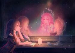  3girls absurdres black_coat book breasts candle chinese_commentary coat coffee_mug commentary_request ct_nolmetta cup cyrene_(demiurge)_(honkai:_star_rail) cyrene_(honkai:_star_rail) cyrene_(philia093)_(honkai:_star_rail) flower grey_hair hair_flower hair_ornament highres holding holding_quill honkai:_star_rail honkai_(series) large_breasts long_hair medium_hair mug multiple_girls pink_hair quill revision shirt sitting sky smile star_(sky) starry_sky stelle_(honkai:_star_rail) trailblazer_(honkai:_star_rail) very_long_hair white_shirt yellow_eyes 