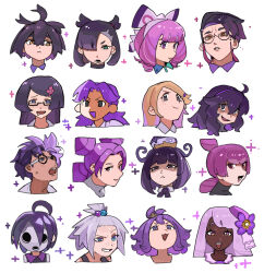  4boys 6+girls ace_trainer_(female)_(pokemon_xy) ace_trainer_(pokemon) acerola_(pokemon) allister_(pokemon) black_eyes black_hair blue_eyes blush chiba_(fpwgfnrixm35508) closed_mouth color_connection corbeau_(pokemon) cropped_shoulders crossed_bangs dark-skinned_female dark-skinned_male dark_skin eyewear_strap fantina_(pokemon) fennel_(pokemon) flower freckles glasses grey_hair gwynn_(pokemon) hair_between_eyes hair_bobbles hair_flower hair_ornament hair_over_one_eye hairband hairclip hat hex_maniac_(pokemon) hex_maniac_(pokemon_xy) highres jacinthe_(pokemon) jacq_(pokemon) jupiter_(pokemon) kieran_(pokemon) klara_(pokemon) lass_(pokemon) lass_(pokemon_gsc) lips marnie_(pokemon) mask mole mole_on_neck multicolored_hair multiple_boys multiple_girls multiple_views open_mouth orange_eyes pink_hair pokemon pokemon_black_2_and_white_2 pokemon_black_and_white pokemon_diamond/pearl/platinum pokemon_gold/silver/crystal pokemon_legends:_z-a pokemon_scarlet_and_violet pokemon_sun_and_moon pokemon_sword_and_shield pokemon_x_and_y purple_hair purple_hairband roxie_(pokemon) saliva shaded_face short_hair simple_background sweat violet_eyes white_background 