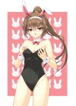  bare_legs blush breast_hold breasts brown_hair bunny bunny_ears bunnysuit cleavage collar dasoku_sentarou glasses long_hair original ponytail red_eyes solo wrist_cuffs 
