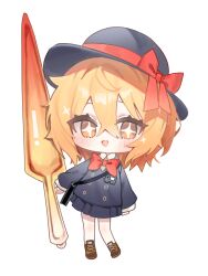  +_+ 1girl :d aged_down bag balloon black_bag black_hat black_skirt blonde_hair blush bow bowtie brown_shoes buttons chibi child contrast_collar don_quixote_(project_moon) full_body grey_jacket hair_between_eyes hat hat_bow highres holding holding_polearm holding_weapon jacket kindergarten_uniform korean_text lance legs_up limbus_company limbus_kindergarten_uniform long_sleeves looking_at_viewer multiple_girls official_alternate_costume open_mouth orange_eyes polearm project_moon red_bow red_bowtie shoes short_hair shoulder_bag sidelocks simple_background skirt smile solo teeth upper_teeth_only weapon white_background yuchan_00001 